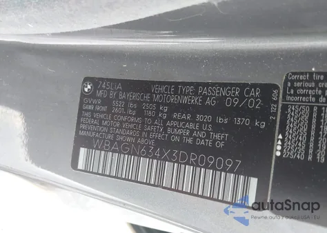 2003 BMW 745 из США, поврежденный, VIN WBAGN634X3DR09097